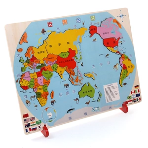 Educational 3D wooden world map puzzle for kids with animals and national flags
