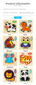 Detailed dimension guide for 3D wooden animal puzzles including tiger, lion and panda