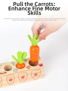 Close-up of child hand sorting wooden carrots into numbered slots for early math learning