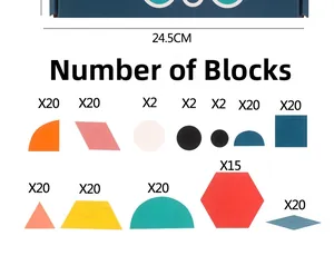 Dettaglio dei 180 blocchi geometrici in legno con quantità per 12 diverse forme colorate