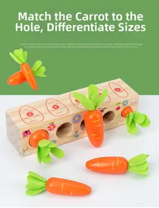 Detail of wooden Montessori toy showing carrots in various sizes for counting skills