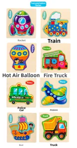Set of eight wooden 3D vehicle puzzles for children featuring colorful transport designs