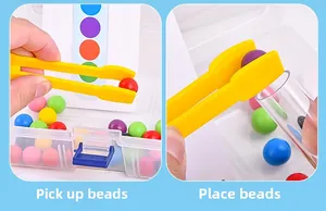Detail of child using tweezers to pick and place colorful beads into transparent test tubes