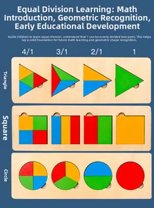 Detail of Montessori wooden fraction puzzles showing geometric shapes and color blocks