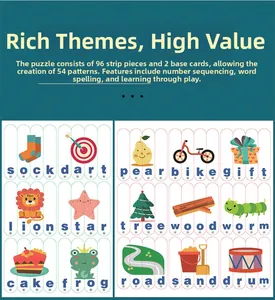 Detail of wooden word puzzle set showing 96 pieces and animal patterns with English words