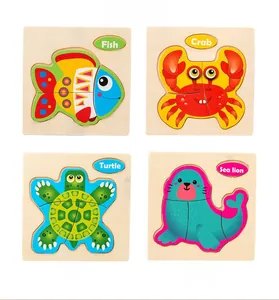 Detail of 4-pack marine life 3D wooden puzzles including fish, turtle, crab and sea lion