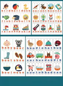 Detailed view of 39 CVC word wooden puzzle strips featuring animals and nature motifs