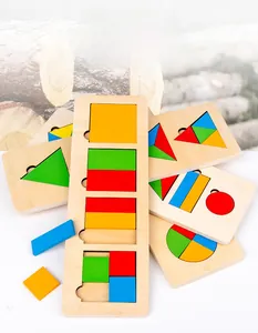 Detailed view of colorful wooden Montessori geometric shape puzzles on natural wood backgrounds