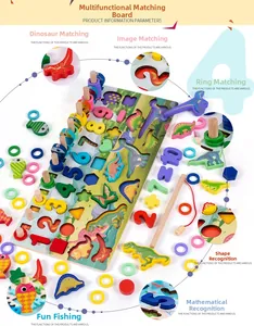 Detail of wooden dinosaur matching board with magnetic fishing and number stacking