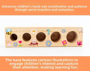Detail of wooden base with colorful cartoon illustrations and five holes for educational play
