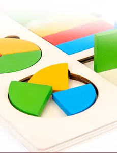 Detailed view of wooden geometric fraction puzzles with smooth laser-cut edges for kids