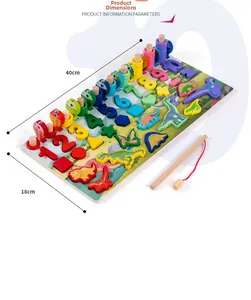 Detail view of 40x18cm wooden puzzle board with dinosaurs, numbers and fishing game
