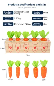 Detailed size chart for wooden carrot harvesting toy showing dimensions and 0.27kg weight