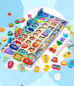 Macro detail of wooden educational board with magnetic fishing and colorful number blocks