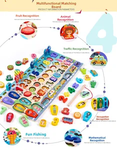 Detail view of multifunctional wooden educational board with numbers and magnetic fishing