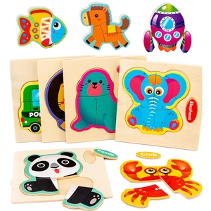 3D wooden animal and vehicle puzzles for early learning with colorful cartoon patterns