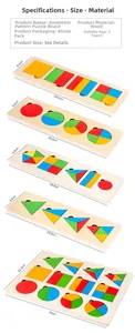 Detailed size chart for Montessori geometric wooden puzzles with board dimensions and specs