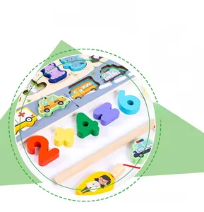 Detail of wooden educational puzzle with colorful magnetic numbers and animal figures