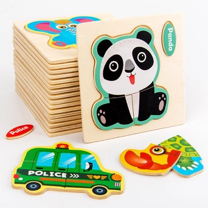 Educational 3D wooden animal and vehicle puzzles for kids featuring panda and elephant