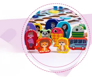Detail of wooden matching puzzle with colorful cartoon animals, characters and school bus