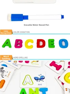 Cartes éducatives d'alphabet avec stylo effaçable et lettres en bois 3D colorées pour enfants
