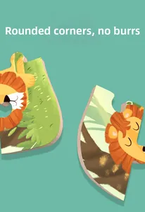 Detail of round cut edges and burr-free wooden puzzle pieces with cartoon lion print