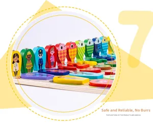 Close-up of wooden puzzle board with magnetic fish, colorful numbers and smooth edges
