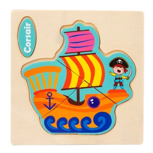 3D wooden pirate ship puzzle for kids with colorful Corsair design and cartoon characters