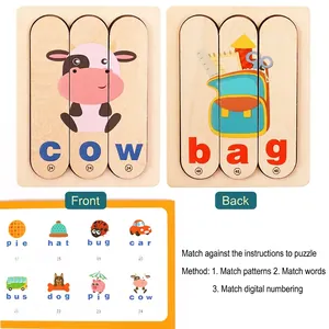Wooden alphabet word puzzle strips for kids early learning with double-sided printing