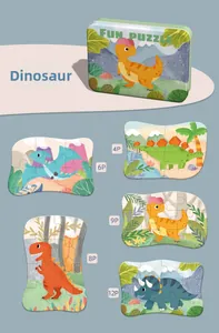 Dinosaur puzzle set detail showing 5 difficulty levels in a metal storage tin box