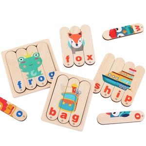 Educational wooden alphabet puzzle strips for kids with frog, fox, and ship illustrations
