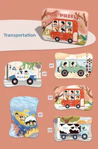 Close-up of pink tin box and progressive wooden vehicle puzzles for kids 3-7 years old