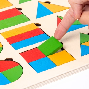 Educational Montessori wooden puzzle with colorful geometric shapes for toddlers learning
