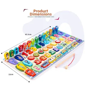 Detailed size view of wooden montessori puzzle with dinosaur and fish matching blocks