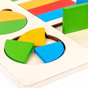 Montessori wooden geometric shape fraction puzzle with colorful blocks on natural base