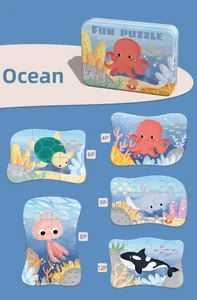 Detailed view of 5-in-1 ocean animal wooden puzzles with metal storage box