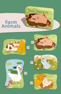 Tin box puzzle set for kids featuring farm animals and various piece counts from 4 to 12 pieces