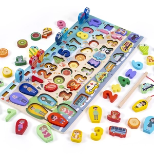 6-in-1 Montessori wooden puzzle board with fishing game, letters, and numbers