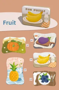 Detailed view of progressive fruit puzzles showing piece counts from 4 to 12 in a tin box