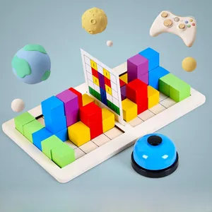 Detailed view of colorful wooden puzzle blocks with board and blue call bell for kids