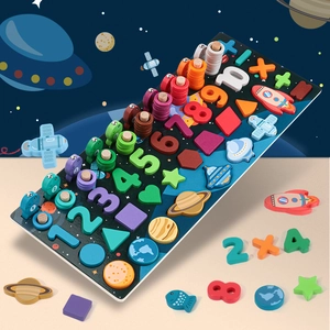 Space-themed wooden educational puzzle with numbers, shapes and colorful stacking rings