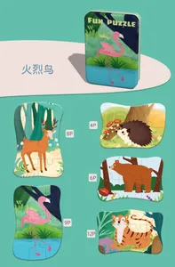 Detail view of animal puzzles in iron box with Flamingo, Deer, and Bear patterns