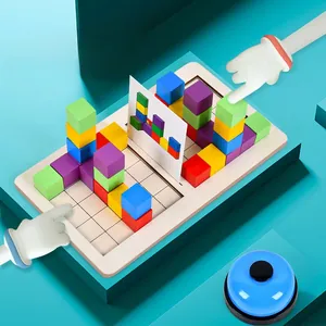 Double-player competitive Tetris building block toy with wooden base and game bell
