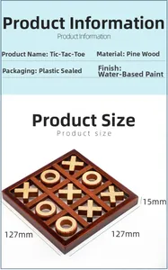 Detailed view of pine wood Tic-Tac-Toe board game with dimensions and water-based paint finish