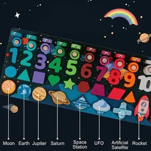 Space theme Montessori wooden puzzle with cosmic planets and number counting blocks