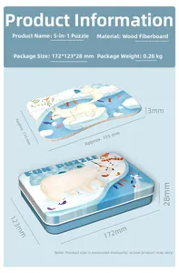 Detail specifications of wooden 5-in-1 jigsaw puzzle set with durable tin storage box