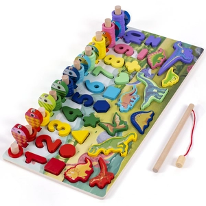 Dinosaur wooden puzzle board with magnetic fishing game and colorful number blocks