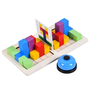 Educational tetris blocks toy set with wooden base colorful pieces and challenge card