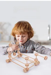 Detail showing a boy building a DIY wooden STEM fort structure with rods and connectors