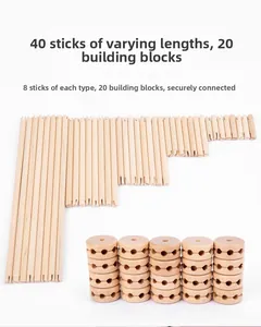 Detail showing 40 wooden rods and 20 circular connectors for DIY building fort set
